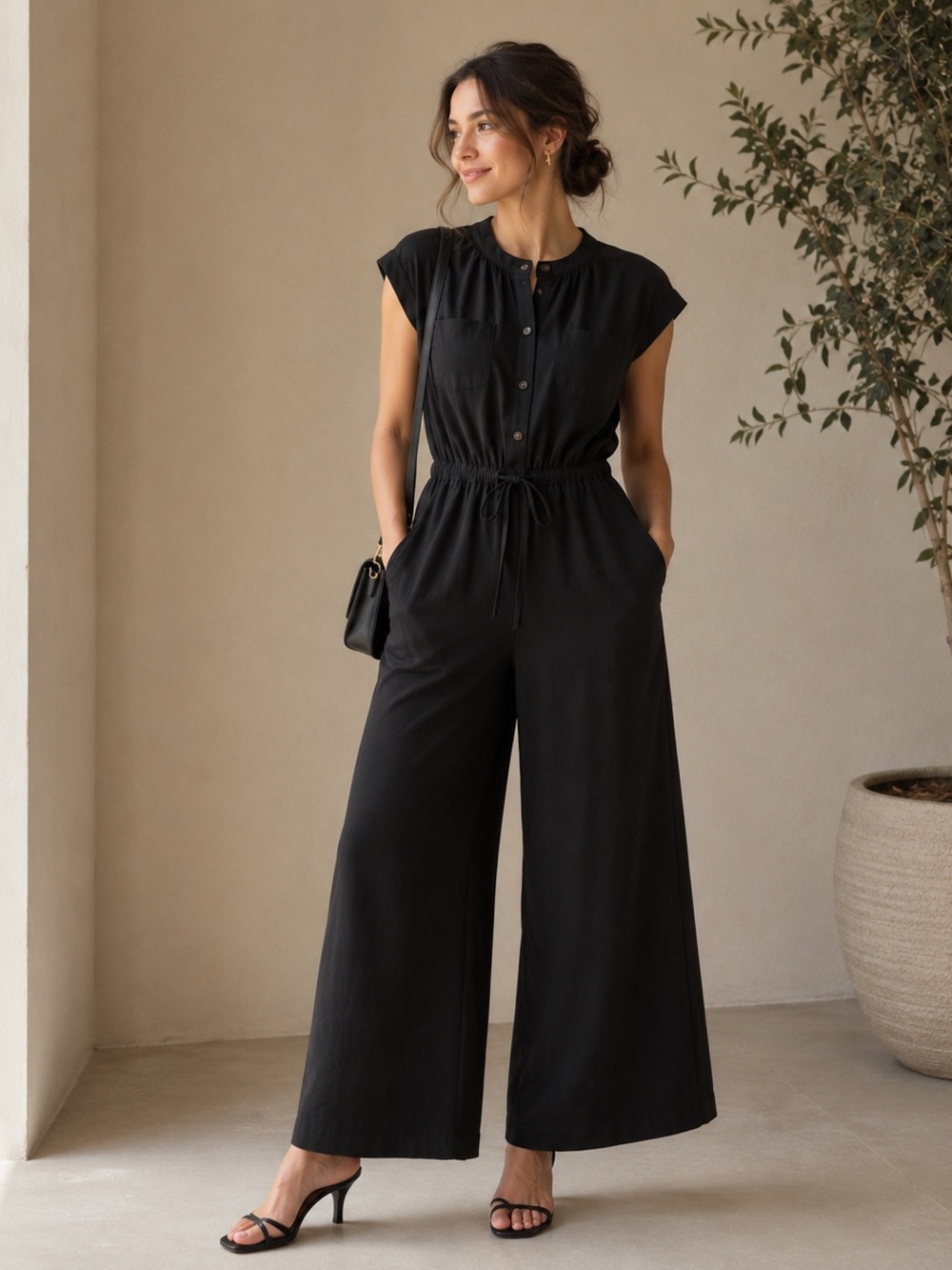 Monteau Los Angeles Black Short Sleeve Utility Wide Leg Jumpsuit Size M